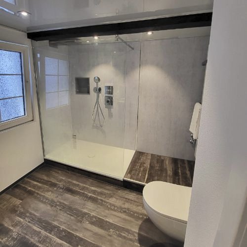 Ein modernes Badezimmer mit einer gläsernen Dusche und einem eleganten, freistehenden WC auf einem Holzfußboden.