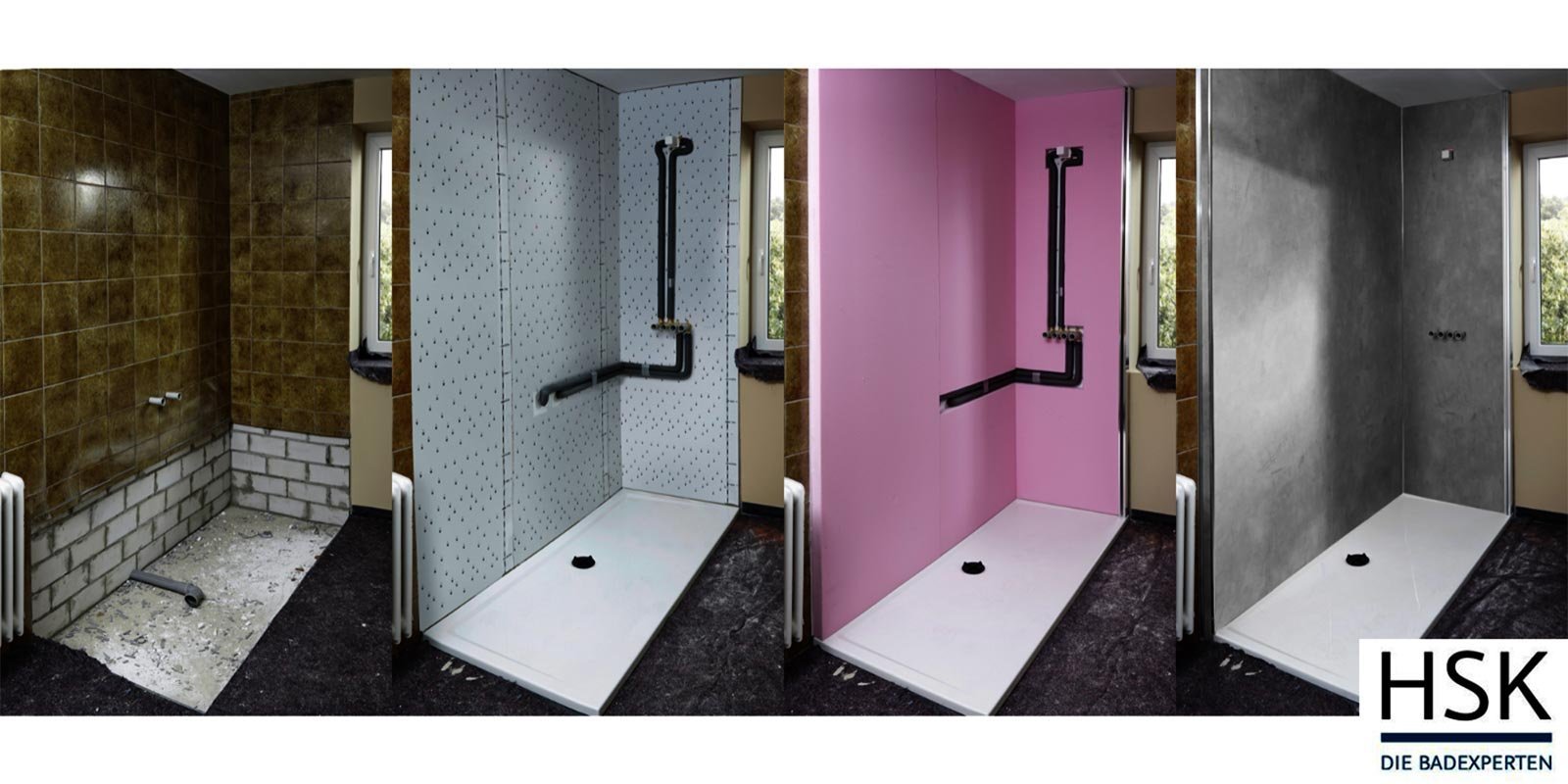 Ein Badezimmer mit vier verschiedenen Duschwänden in unterschiedlichen Farben und Materialien, die den Renovierungsprozess zeigen.