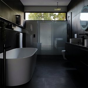 Ein modernes Badezimmer mit einer freistehenden Badewanne, eleganten schwarzen Wänden und einem großen Fenster, das Tageslicht hereinlässt.